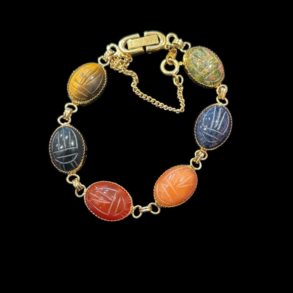 Vintage Genuine Scarab Stones Bracelet Egyptian Revival Gold Tone Hong Kong 7”
